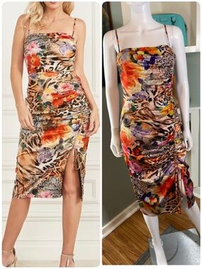 Guess by Marciano Ellery Satin Floral Leopard Midi Slip Dress Ruched Sheath [TE]